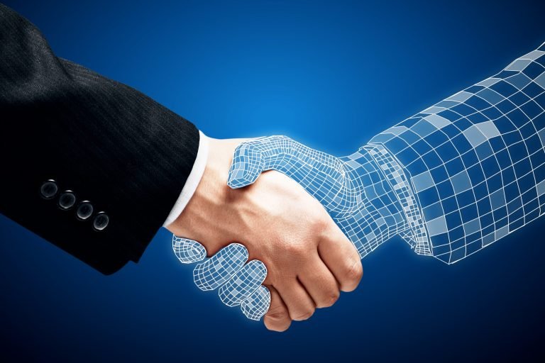 Abstract,Handshake,On,Blue,Background.,Teamwork,And,Technology,Concept